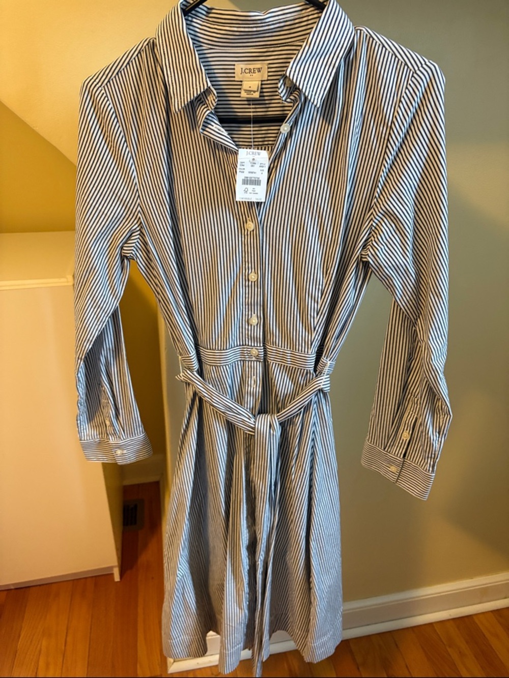 J. Crew Navy and White Vertical Stripe Shirt Dress with Waist Tie